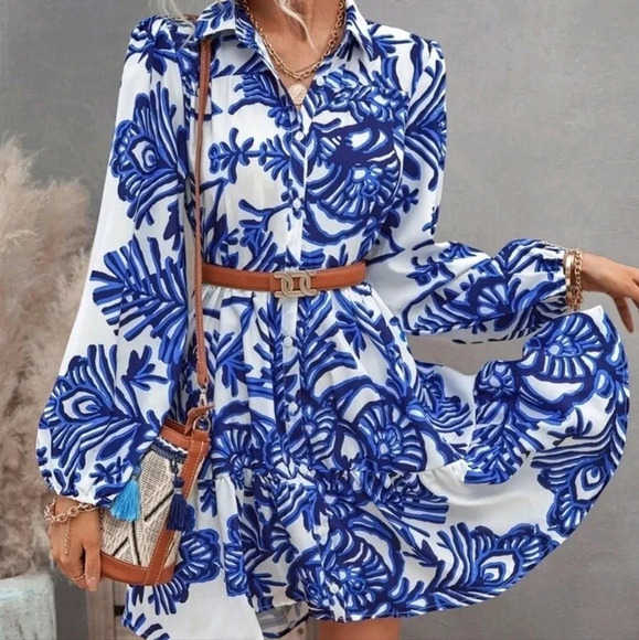 , Dresses & Skirts - Frenchy Floral Print Ruffle Hem Lantern Sleeve Smock Dress